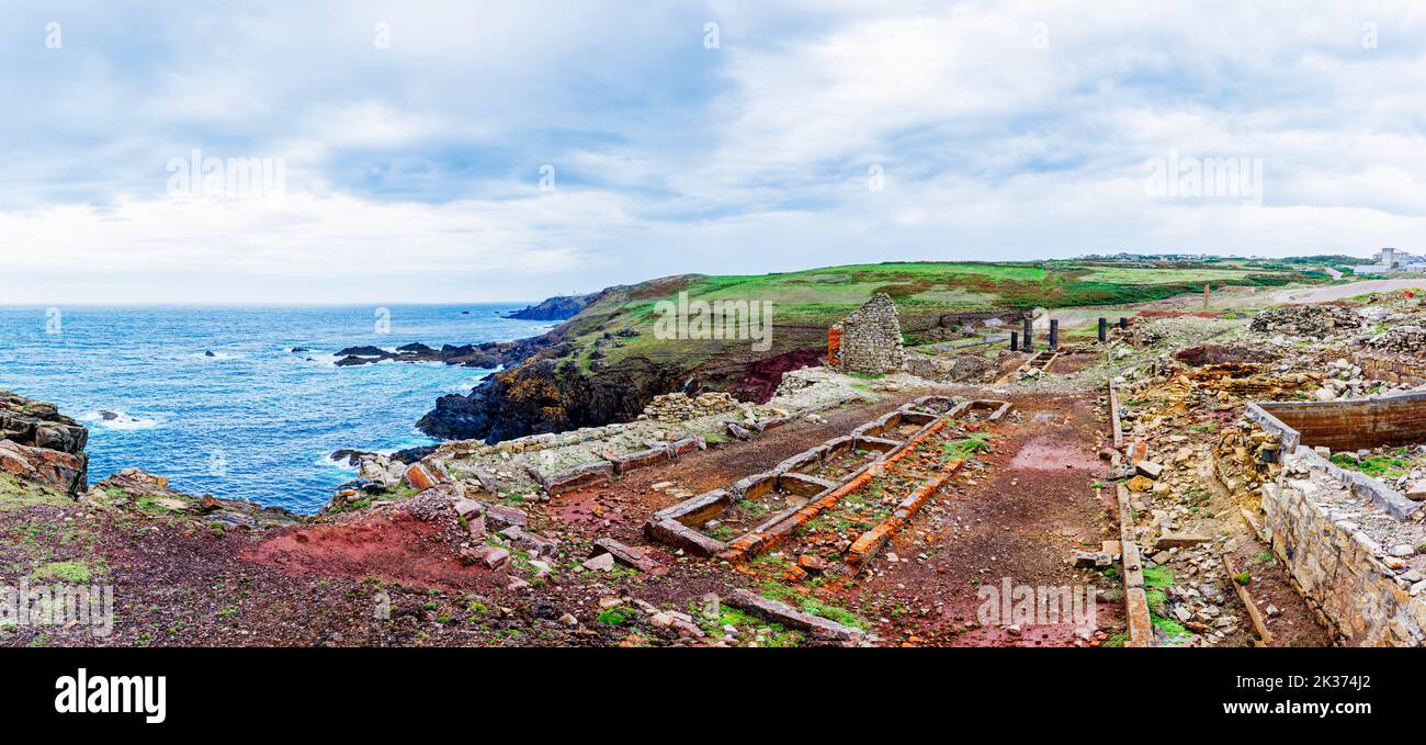 Clifftop ruins and foundations at Levant Mine by Geevor Mine on the north coast of Cornwall, part of the Tin Coast Cornish Mining World Heritage Site Stock Photo