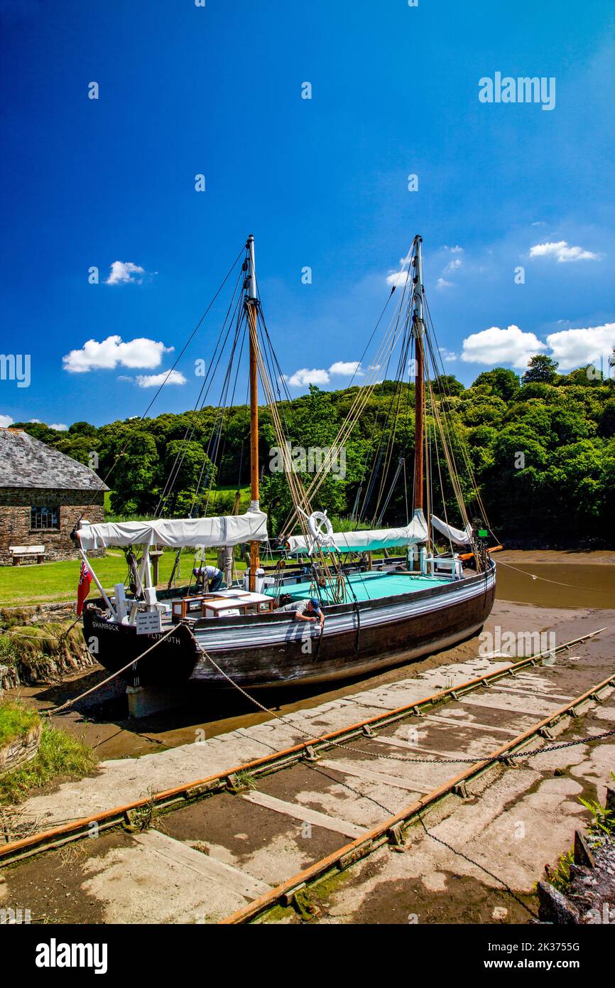 Shamrock, an 1899 Tamar sailing barge undergoing preservation at Cothele Quay on the River Tamar Cornwall, England, UK Stock Photo