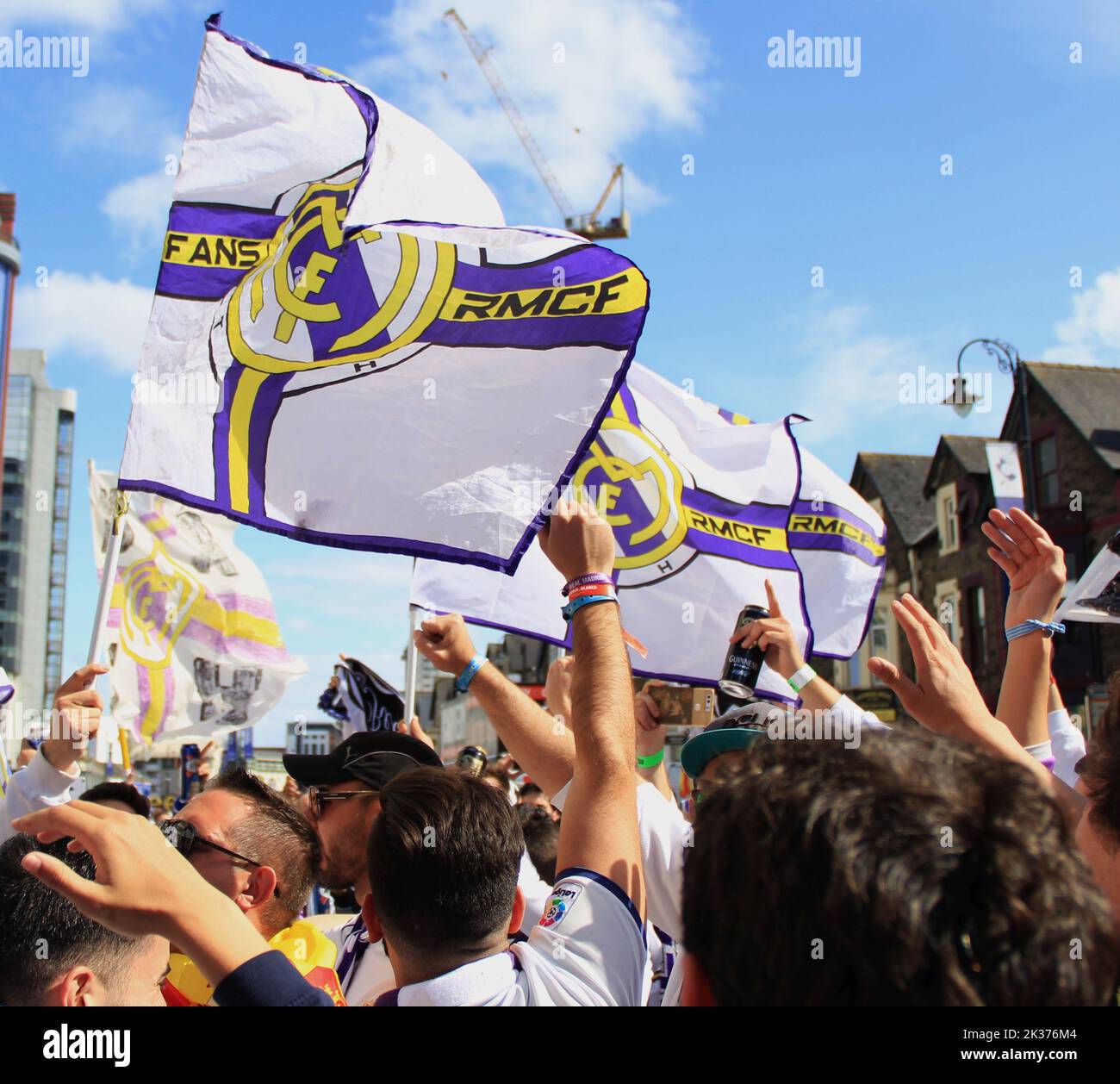 Real Madrid Fans party in Cardiff before the 2017 UEFA Champions League Final. Stock Photo