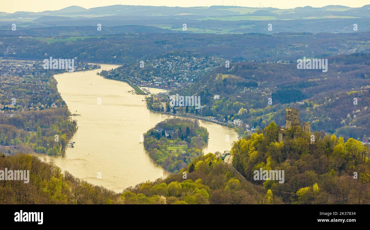 Aerial view, Drachenfels, medieval castle ruin with view to Rhine valley and Nonnenwerth island, Drachenfelsbahn, Königswinter, Rhineland, North Rhine Stock Photo