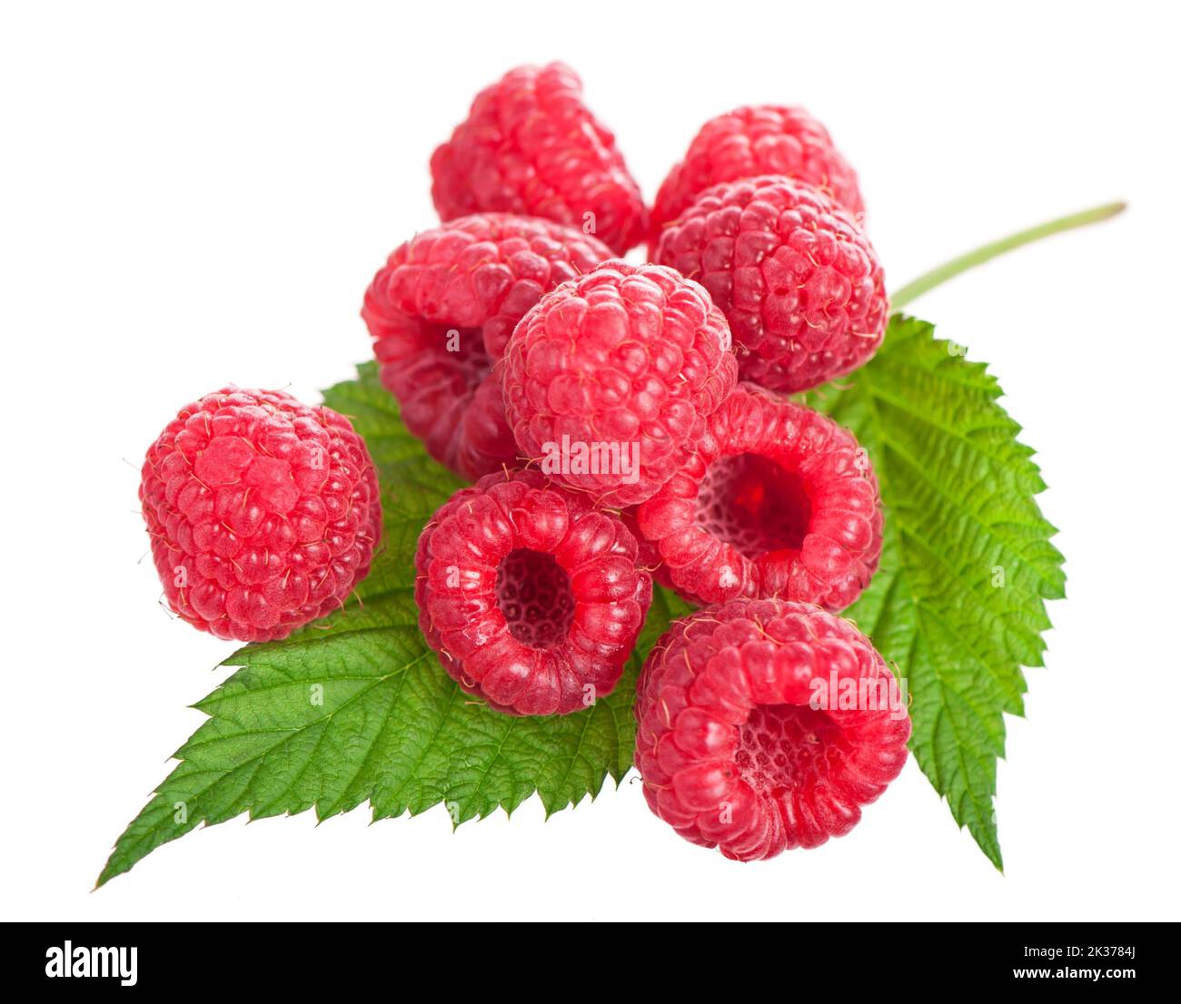 Ripe raspberry with green leaf on white Stock Photo