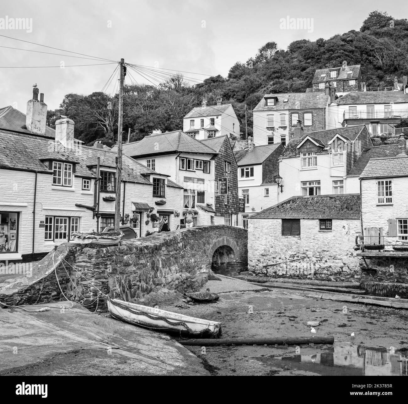Monochrome image of The Roman bridge at the little fishing village of Polperro in south Cornwall