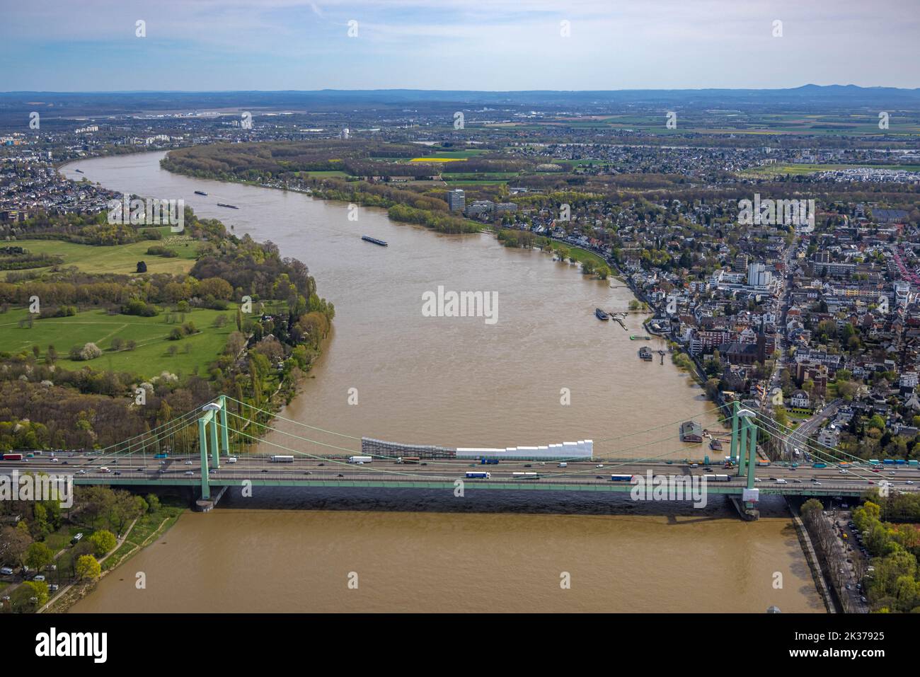 Aerial view, construction site and possible demolition of the Rhine bridge Cologne-Rodenkirchen, river Rhine, Cologne, Rhineland, North Rhine-Westphal Stock Photo