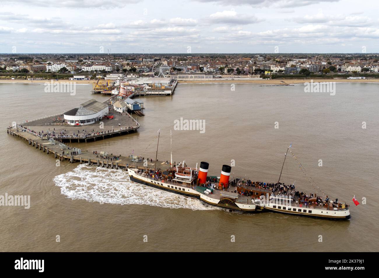 The world's last seaworthy paddle steamer, the Waverley departs from Clacton Pier in Clacton-on-Sea, Essex, for a trip to London on her 75th anniversary. Picture date: Sunday September 25, 2022. Stock Photo