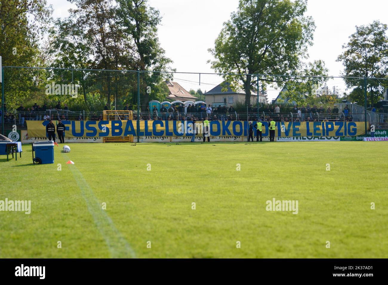 Away end with Fans of Lokomotive Leipzig before the Sachsenpokal 3rd round match between Chemie Leipzig and 1. FC Lokomotive Leipzig at Alfred-Kunze-Sportpark, Leipzig.  (Sven Beyrich/SPP) Stock Photo