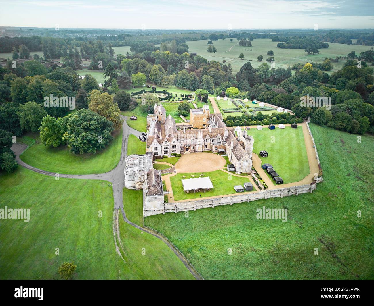 Initially built by the normans in the eleventh century, now a country mansion, the castle on a hill top at the english village of Rockingham, England. Stock Photo