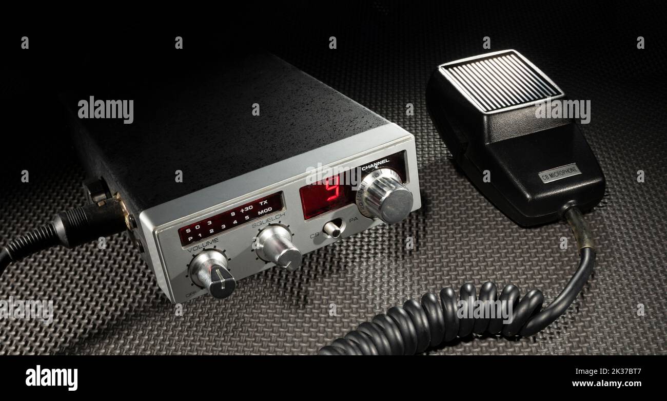 CB radio tuned to the emergency channel with microphone Stock Photo Alamy
