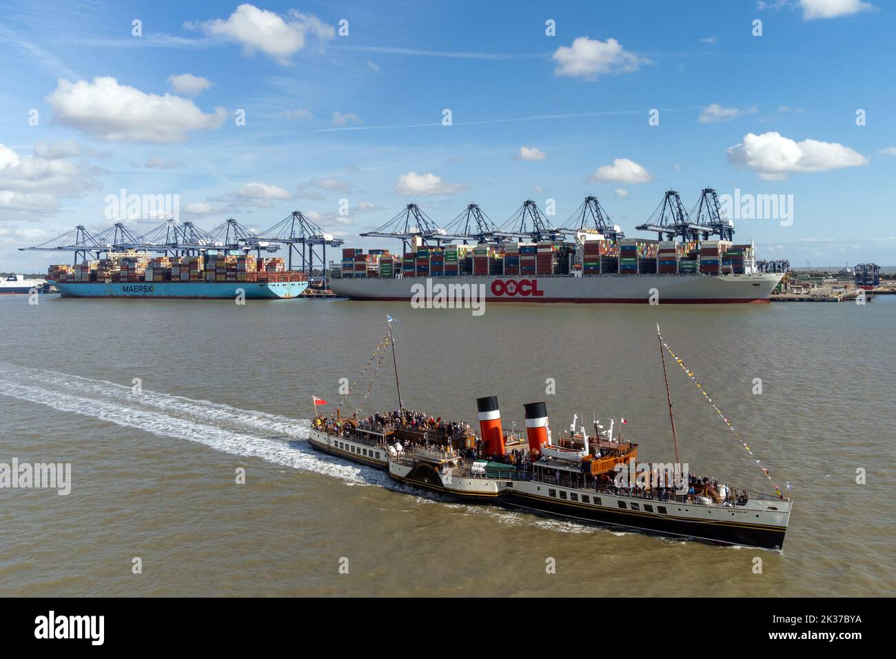 The world's last seaworthy paddle steamer, the Waverley passes the Port of Felixstowe in Suffolk, during a trip to London on her 75th anniversary. Picture date: Sunday September 25, 2022. Stock Photo
