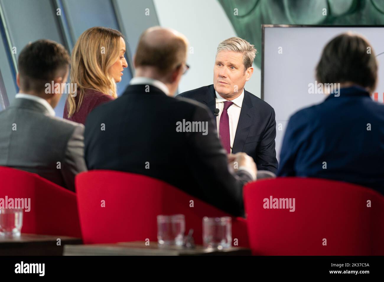 Labour leader, Sir Keir Starmer is interviewed by Laura Kuenssberg in Liverpool before the start of the Labour Party annual Conference which he opened with a tribute to Queen Elizabeth II and sang the national anthem. Picture date: Sunday September 25, 2022. Stock Photo