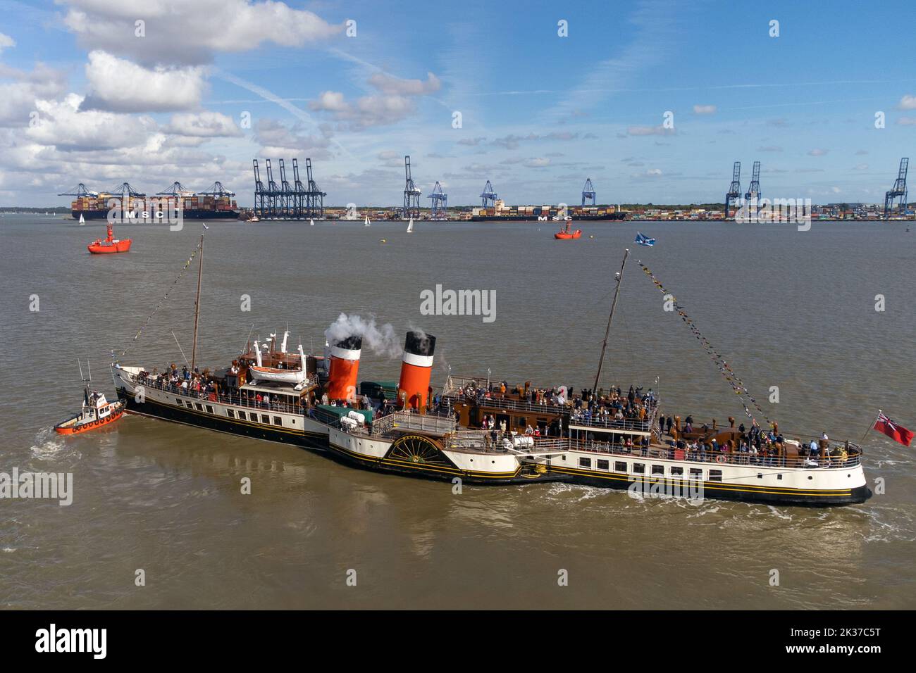 The world's last seaworthy paddle steamer, the Waverley departs from Ha'Penny Pier in Harwich, Essex, for a trip to London on her 75th anniversary. Picture date: Sunday September 25, 2022. Stock Photo