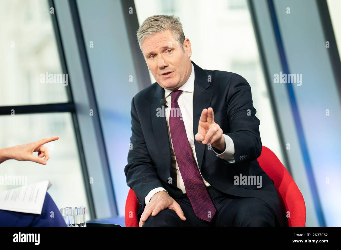 Labour leader, Sir Keir Starmer is interviewed by Laura Kuenssberg in Liverpool before the start of the Labour Party annual Conference which he opened with a tribute to Queen Elizabeth II and sang the national anthem. Picture date: Sunday September 25, 2022. Stock Photo