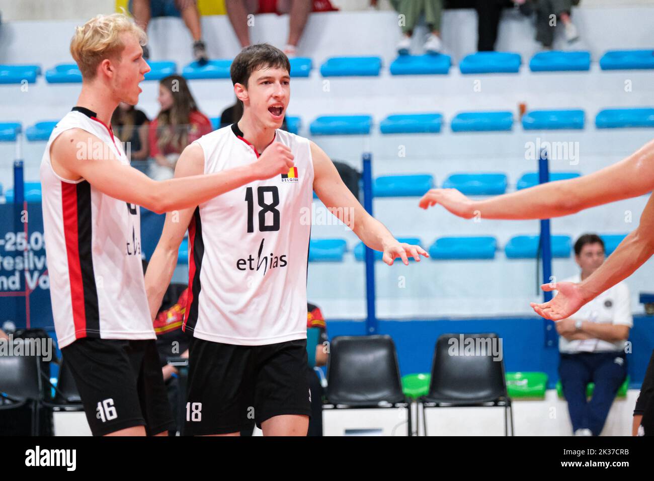 The team of Belgium exults during the semifinals of the CEV U20