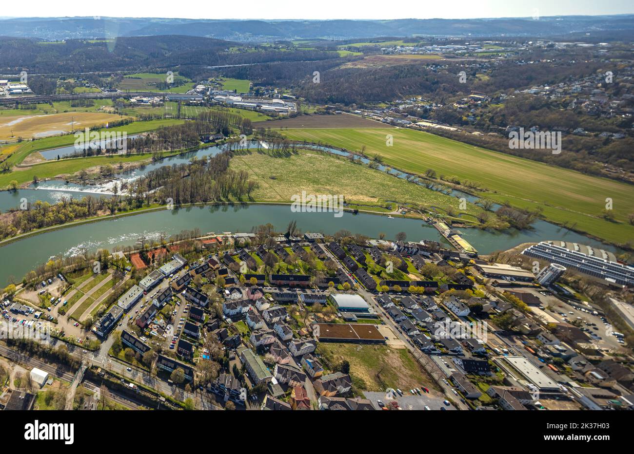 Aerial view, town view Wetter with view to Hagen, river Ruhr and Obergraben with power station Harkort, island In den Weiden, community waterworks Vol Stock Photo
