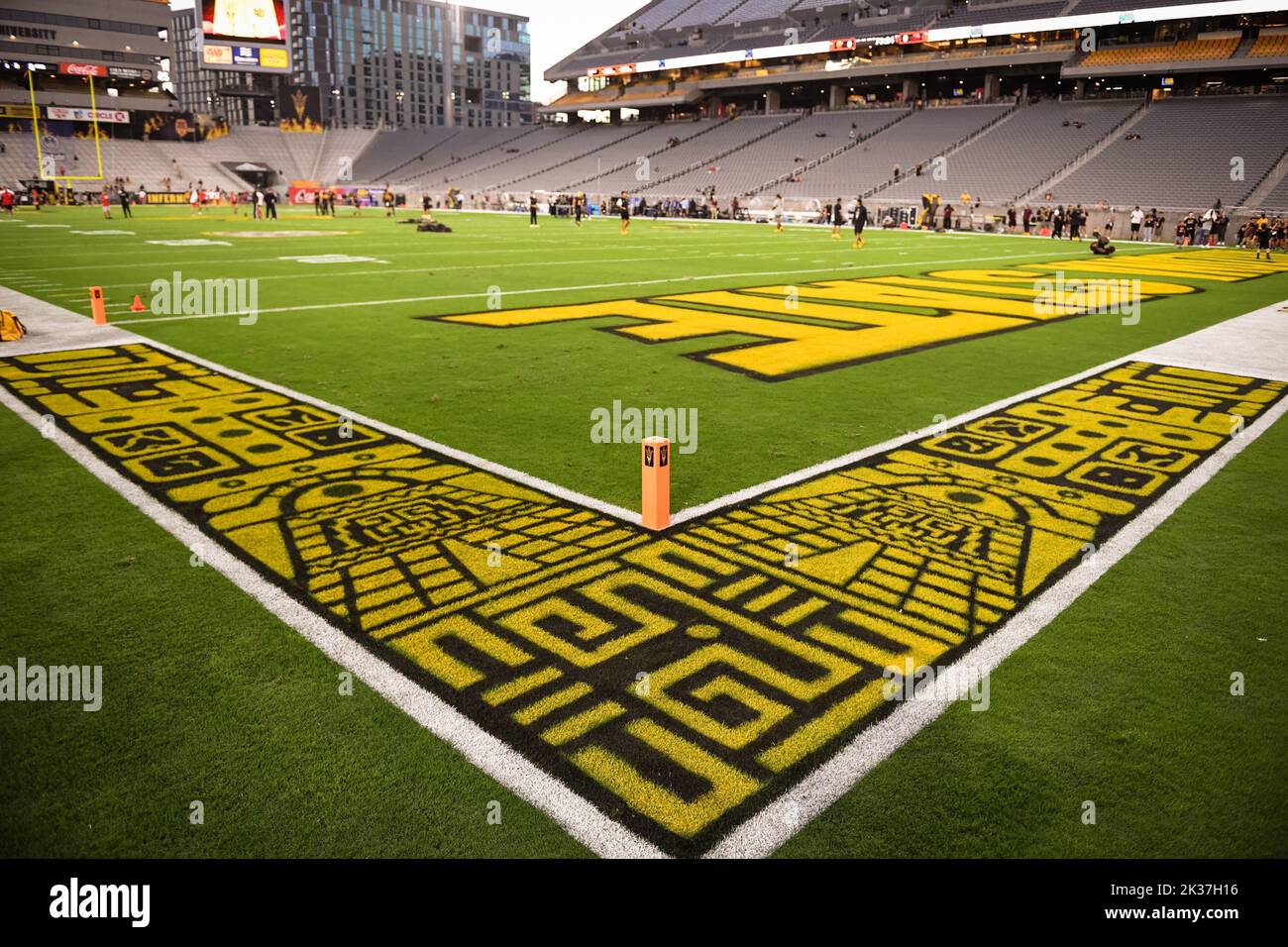 The Arizona State Sun Devils honor Hispanic Heritage month with specially designed endzone lines during an NCAA college football game between the Ariz Stock Photo
