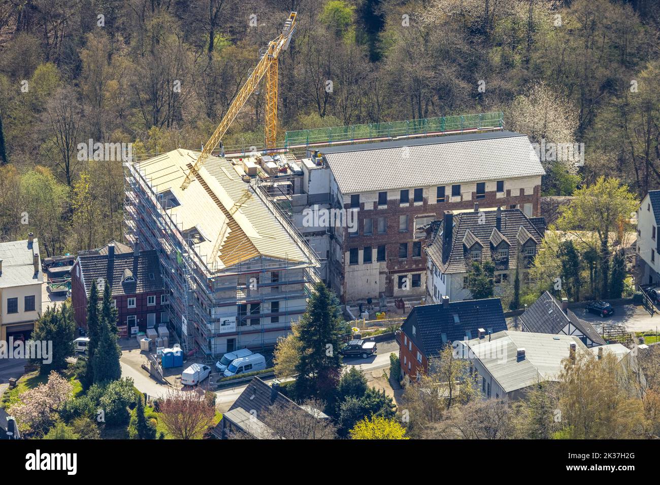 Aerial view, construction site and new building castle domicile in Hegestraße, Volmarstein, Wetter, Ruhr area, North Rhine-Westphalia, Germany, DE, Eu Stock Photo