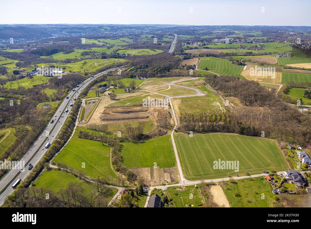 Aerial view, construction area for industrial park Schwelmer Straße at highway A1, Grundschöttel, Wetter, Ruhr area, North Rhine-Westphalia, Germany, Stock Photo