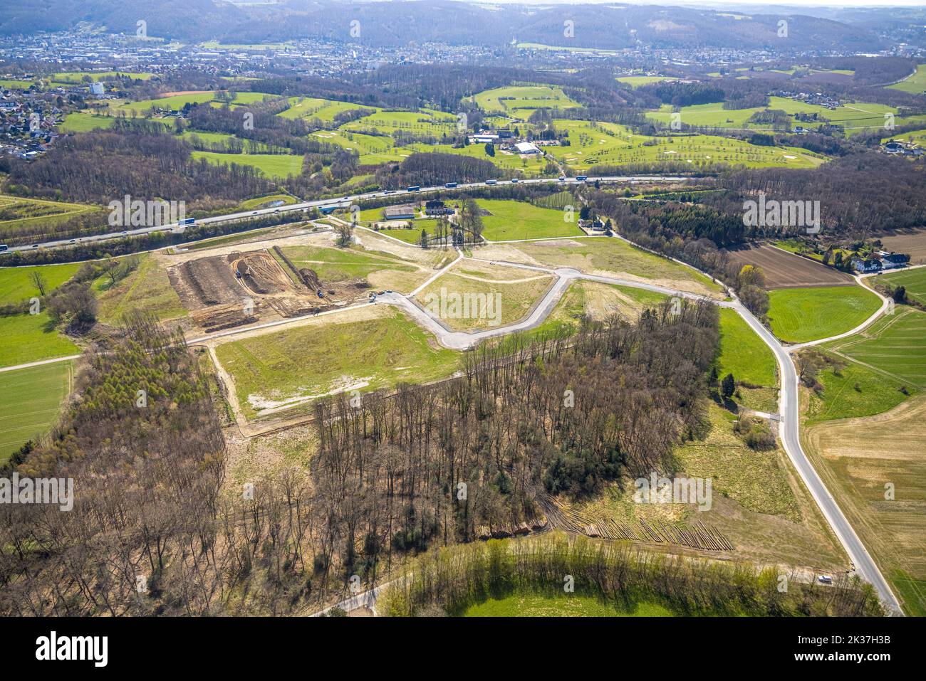 Aerial view, construction area for industrial park Schwelmer Straße at highway A1, Grundschöttel, Wetter, Ruhr area, North Rhine-Westphalia, Germany, Stock Photo