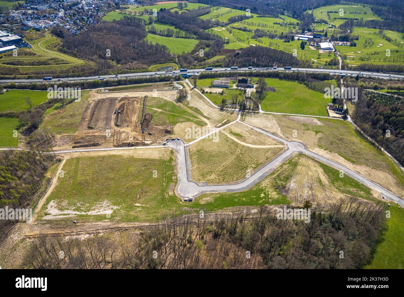 Aerial view, construction area for industrial park Schwelmer Straße at highway A1, Grundschöttel, Wetter, Ruhr area, North Rhine-Westphalia, Germany, Stock Photo