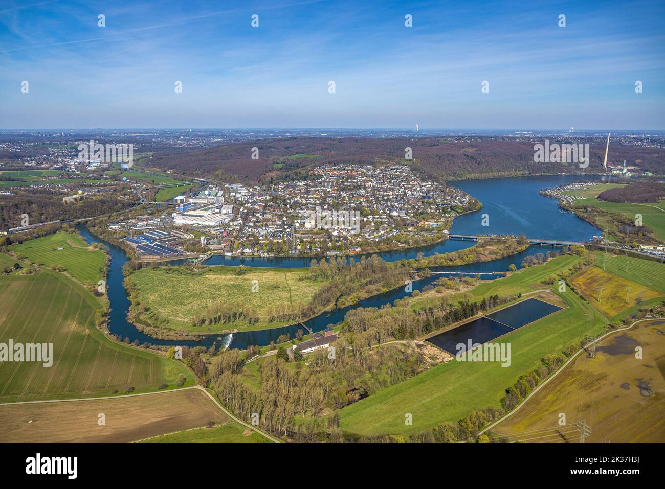 Aerial view, place view Wetter, river Ruhr and Obergraben with power station Harkort, island In den Weiden, community waterworks Volmarstein, Harkorts Stock Photo