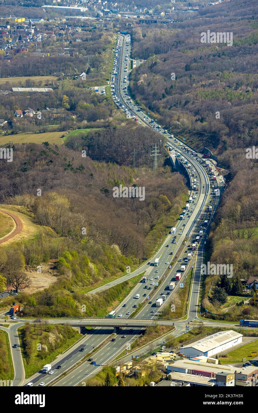 Aerial view, construction site on the A1 freeway bridge near Aehringhausen at the Volmarstein junction with increased traffic, Schmandbruch, Wetter, R Stock Photo