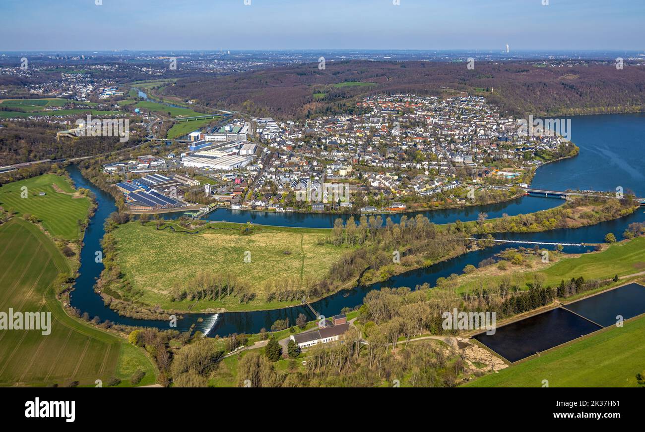 Aerial view, place view Wetter, river Ruhr and Obergraben with power station Harkort, island In den Weiden, Wetter, Ruhr area, North Rhine-Westphalia, Stock Photo