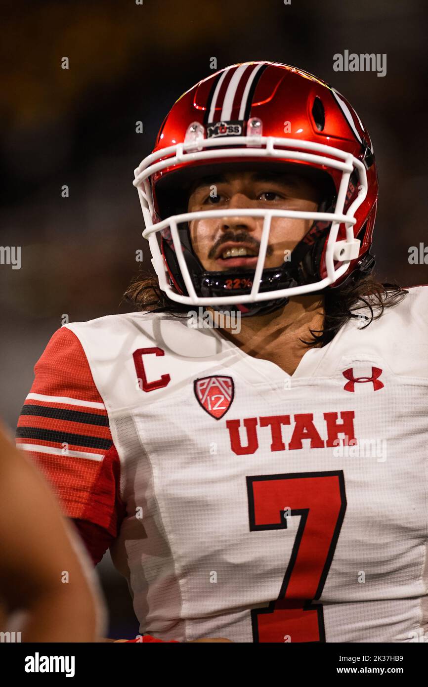 Utah Utes quarterback Cameron Rising (7) runs towards the sideline after help score the first points of the game in the first quarter of an NCAA colle Stock Photo