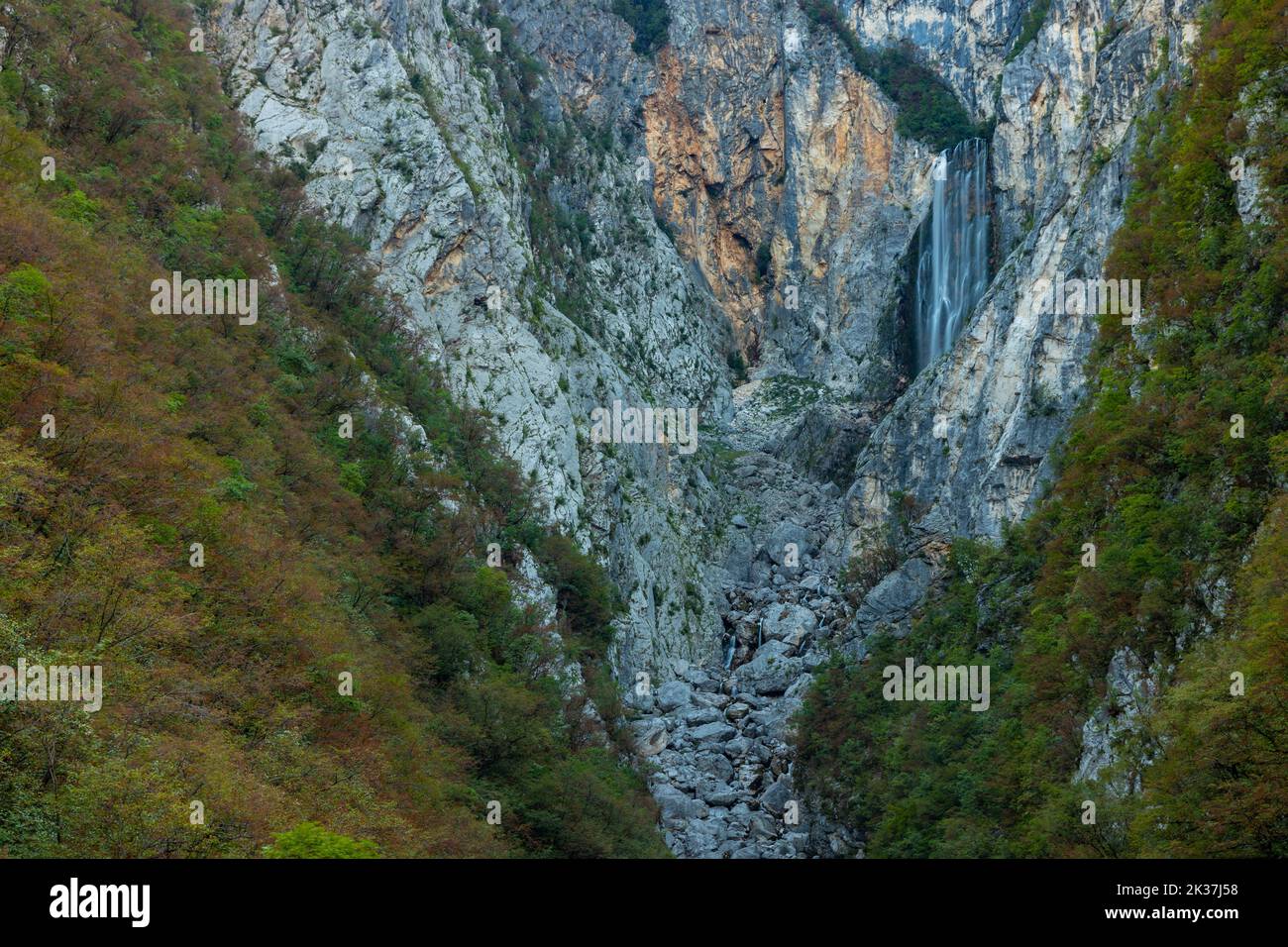 Boka waterfall near Bovec in Slovenia Stock Photo