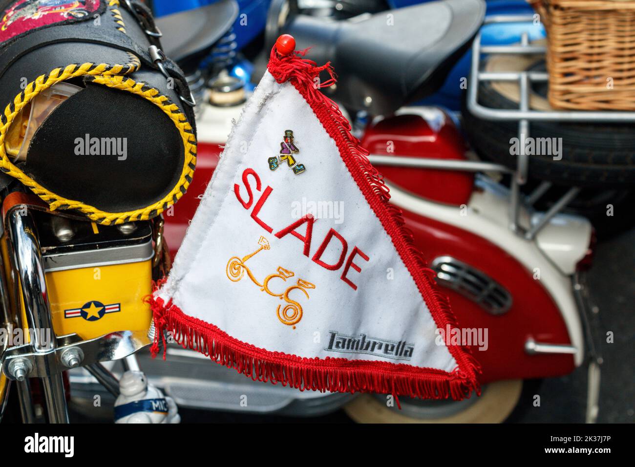 Slade pennant on a Lambretta. Ribble Valley Scooter Rally 2022. Stock Photo