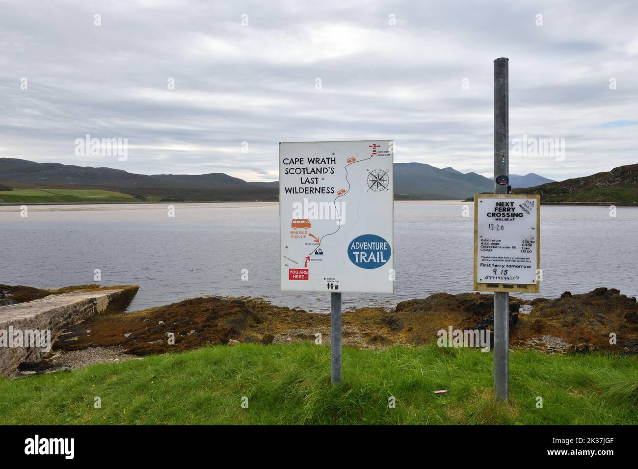 Infrmation boards for the ferry frossing at the Kyle of Durness, Keoldale in Sutherland, Scotland, UK Stock Photo
