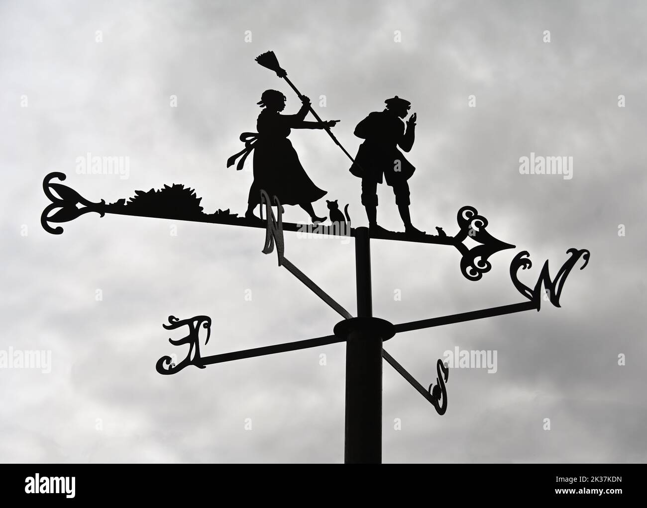 Metal weathervane depicting Robert Burn's 'Tam O'Shanter and his wife'. Poets Path, Robert Burns Birthplace Museum, Alloway, Ayrshire, Scotland. Stock Photo