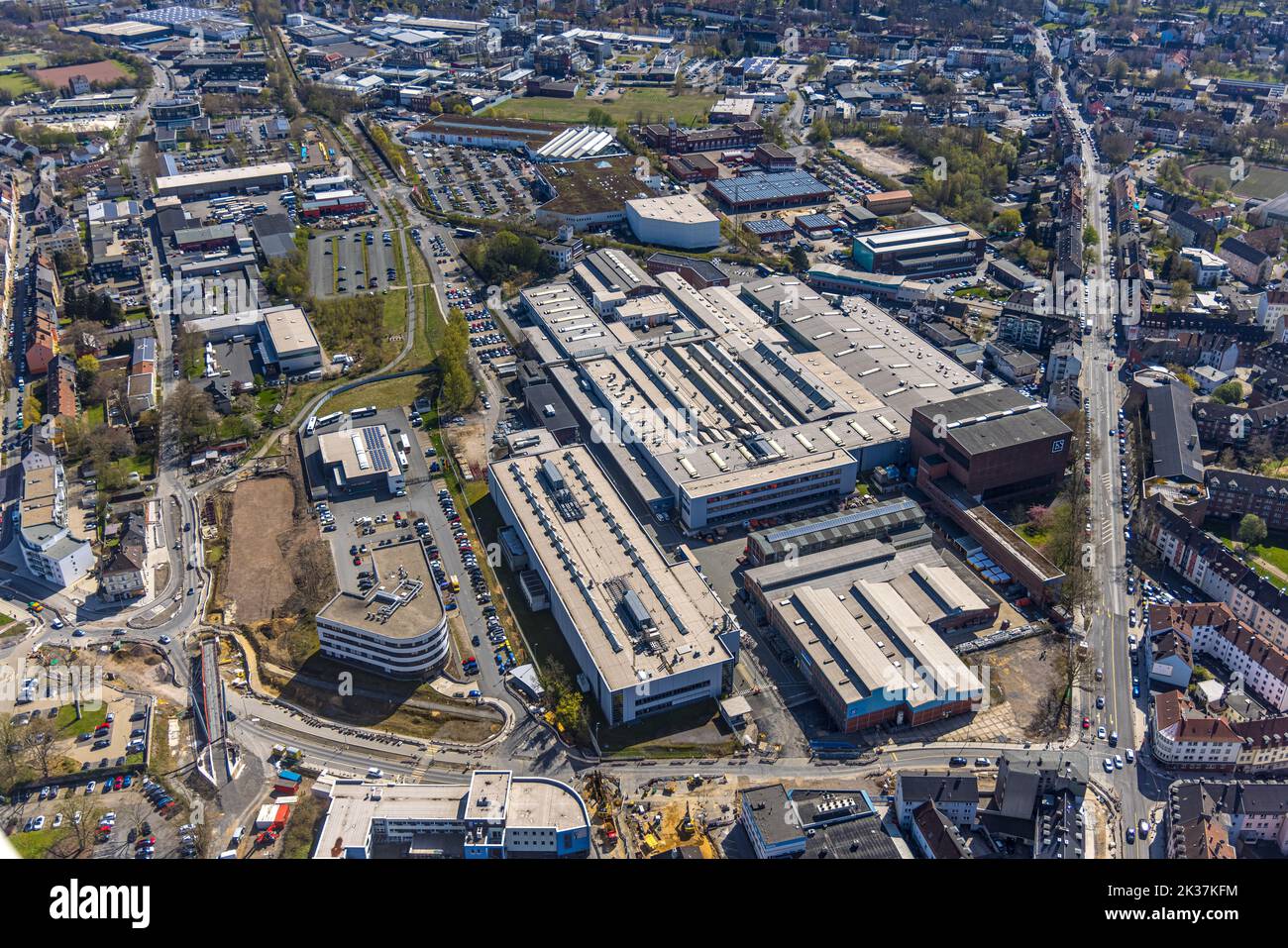 Aerial view, construction site and redevelopment of Pferdebachstraße with new construction of the cycle path bridge Rheinischer Esel, medical center P Stock Photo