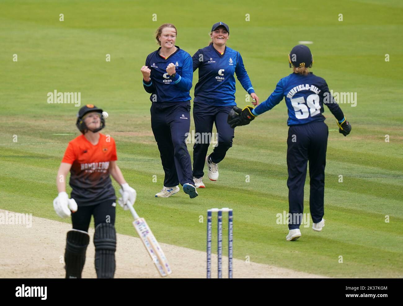 Northern Diamonds' Hollie Armitage celebrates taking the wicket of Southern Vipers' Emily Windsor during the Rachael Heyhoe Flint Trophy Final at Lord's, London. Picture date: Sunday September 25, 2022. Stock Photo