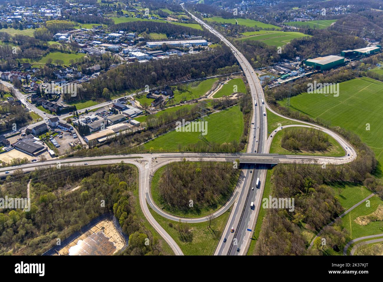 Aerial view, industrial area Wittener Straße, freeway A43 with junction Witten-Herbede, renaturation of the Kamperbach, Westherbede, Witten, Ruhr area Stock Photo