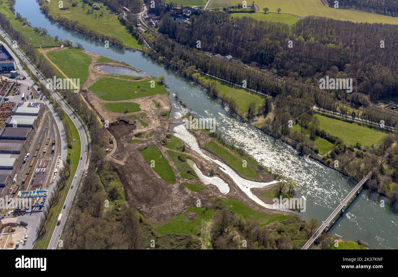 Aerial view, river Ruhr with renaturation of the floodplain at the Nachtigallbrücke, Witten, Ruhr area, North Rhine-Westphalia, Germany, DE, Europe, A Stock Photo