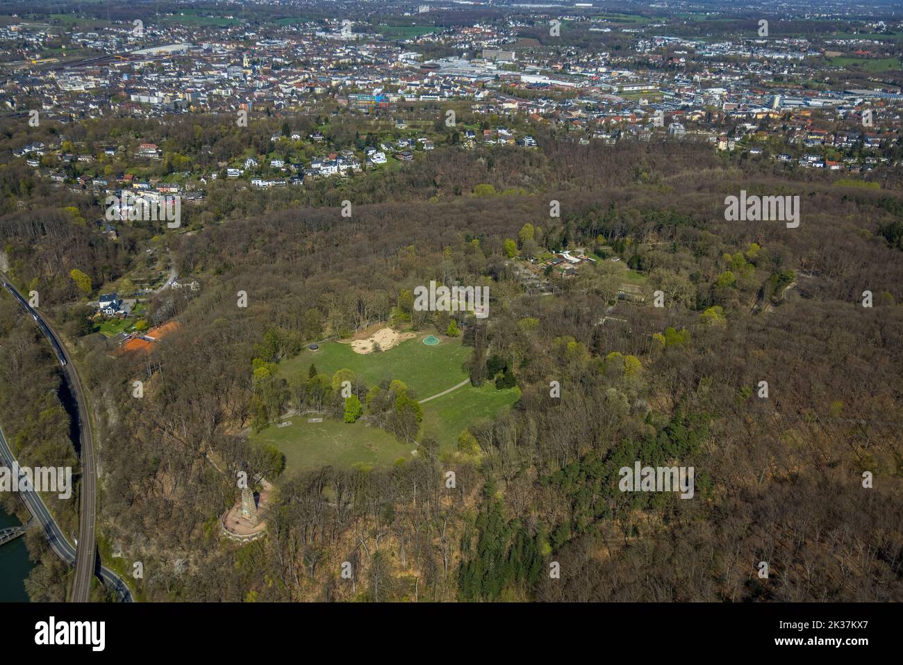 Aerial view, Hohenstein forest area with mountain monument, lawn and children's playground, petting zoo, Witten, Ruhr area, North Rhine-Westphalia, Ge Stock Photo