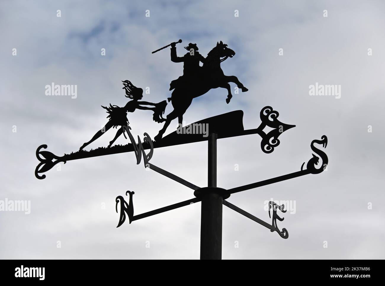 Metal weathervane depicting Robert Burn's 'Tam O'Shanter', with witch ' Cutty Sark'. Poets Path, Robert Burns Birthplace Museum, Alloway, Ayrshire. Stock Photo