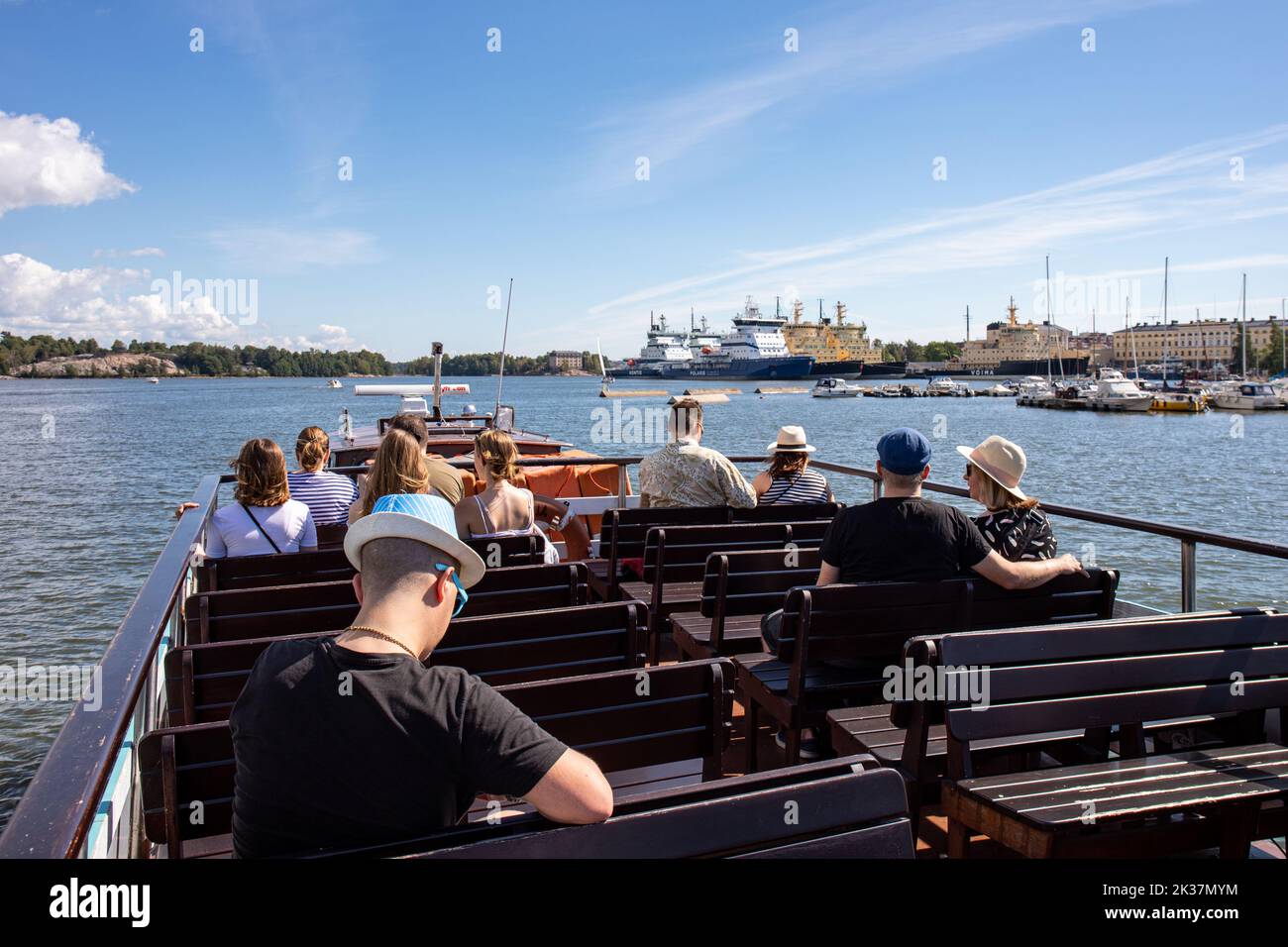 Passengers on m/s Julia sun deck in Helsinki, Finland Stock Photo