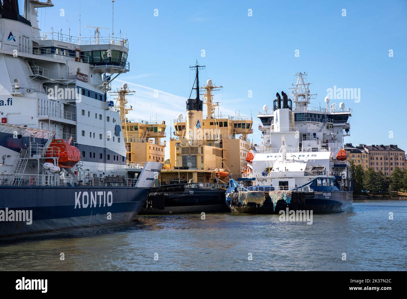 Moored icebreakers on a summer day in Helsinki, Finland Stock Photo