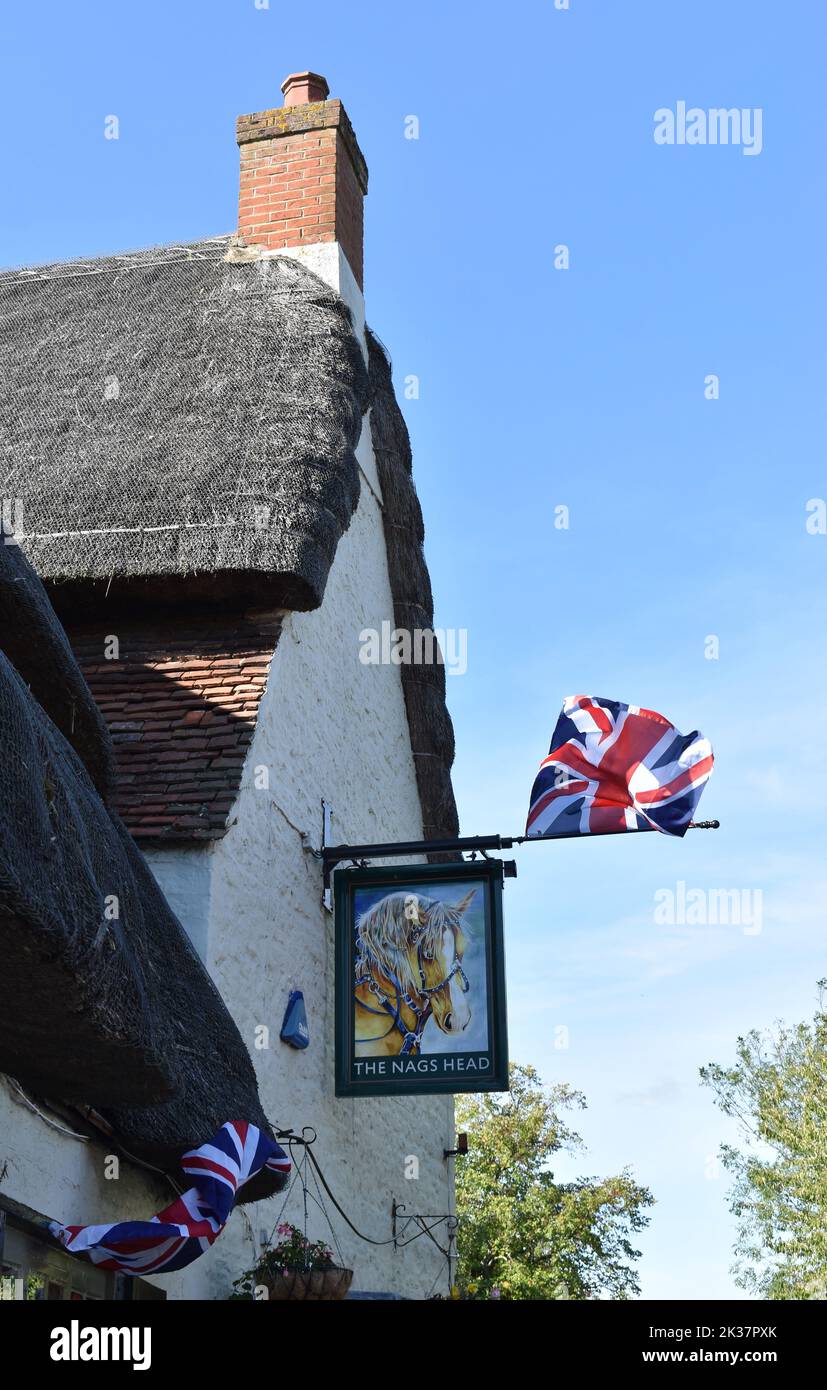 The pub sign at The Nags Head in Great Linford, Milton Keynes. Stock Photo