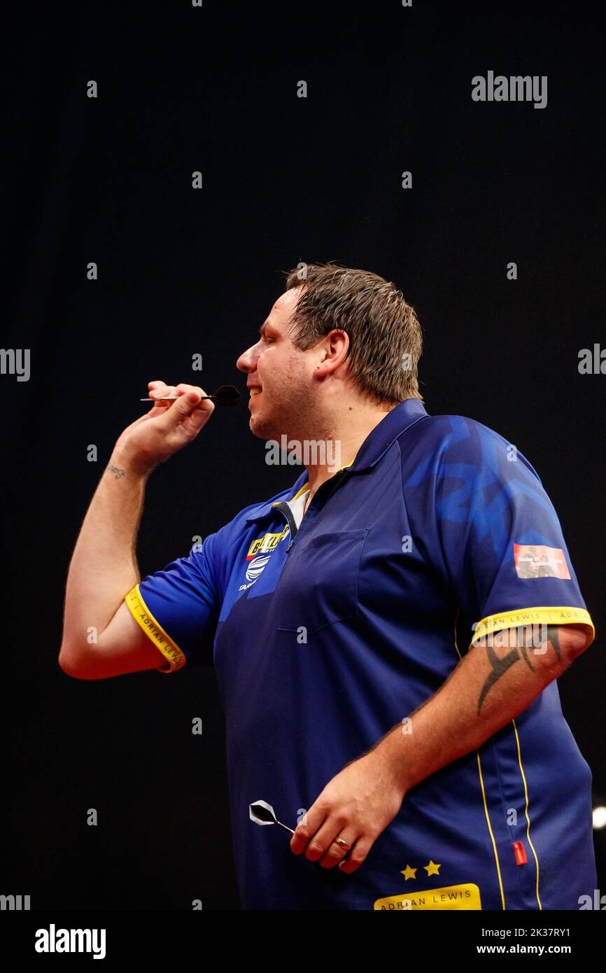English Adrian Lewis pictured in action during the third day of the Belgian Darts Open, Sunday