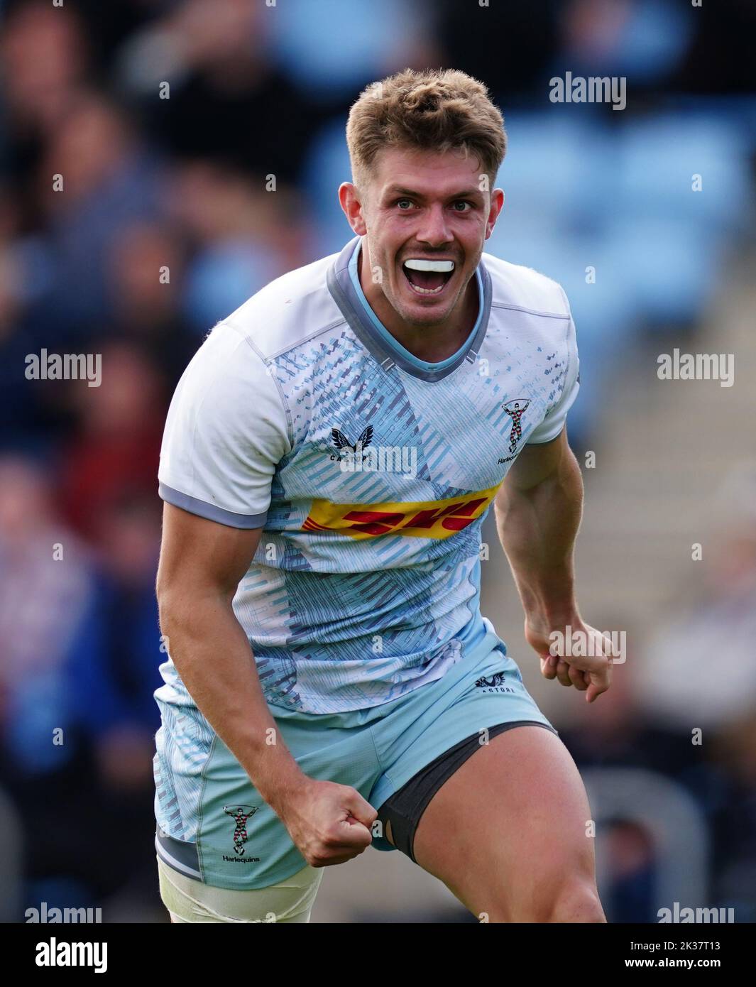 Harlequins' Luke Northmore celebrates scoring their side's fifth try during the Gallagher Premiership match at Sandy Park, Exeter. Picture date: Sunday September 25, 2022. Stock Photo