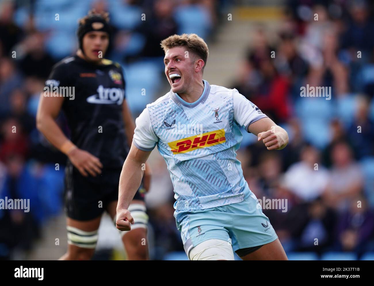 Harlequins' Luke Northmore celebrates scoring their side's fifth try during the Gallagher Premiership match at Sandy Park, Exeter. Picture date: Sunday September 25, 2022. Stock Photo