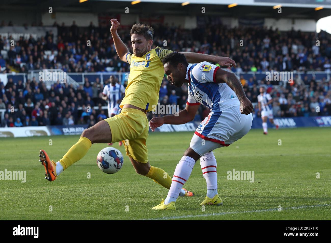 Tom Peers of Altricham contests a header with David Ferguson of Hartlepool  United during the Vanarama National League match between Hartlepool United  and Altrincham at Victoria Park, Hartlepool on Tuesday 27th October