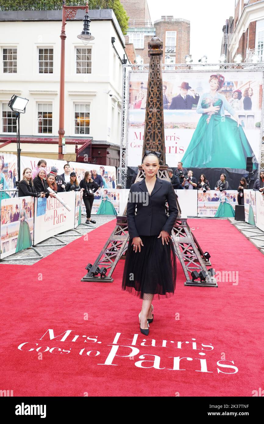 Rose Williams attends the UK premiere of Mrs Harris Goes to Paris at the Curzon Mayfair, London