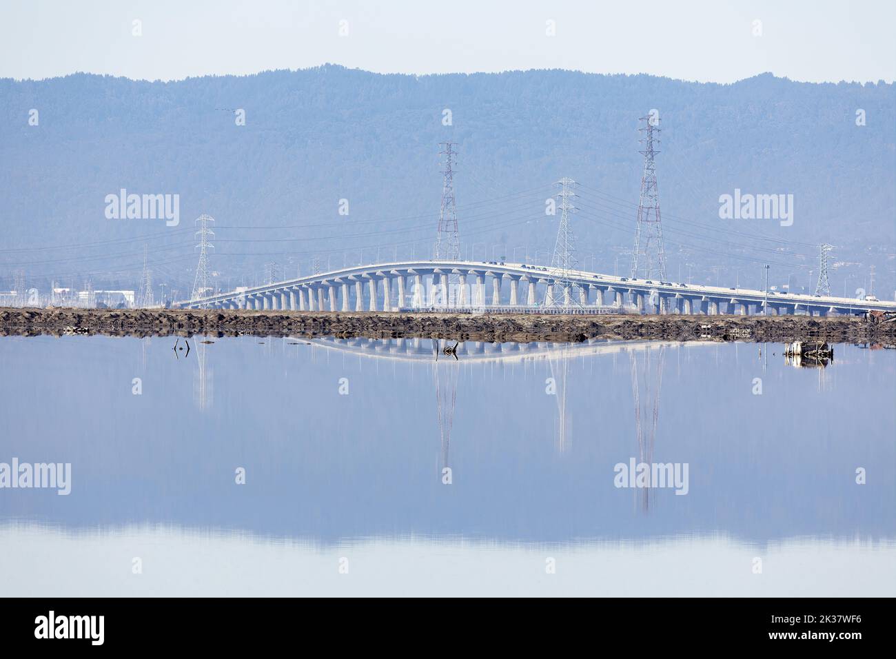 The Dumbarton Bridge and San Francisco Bay Reflection via Don Edwards San Francisco National Wildlife Refuge. Stock Photo