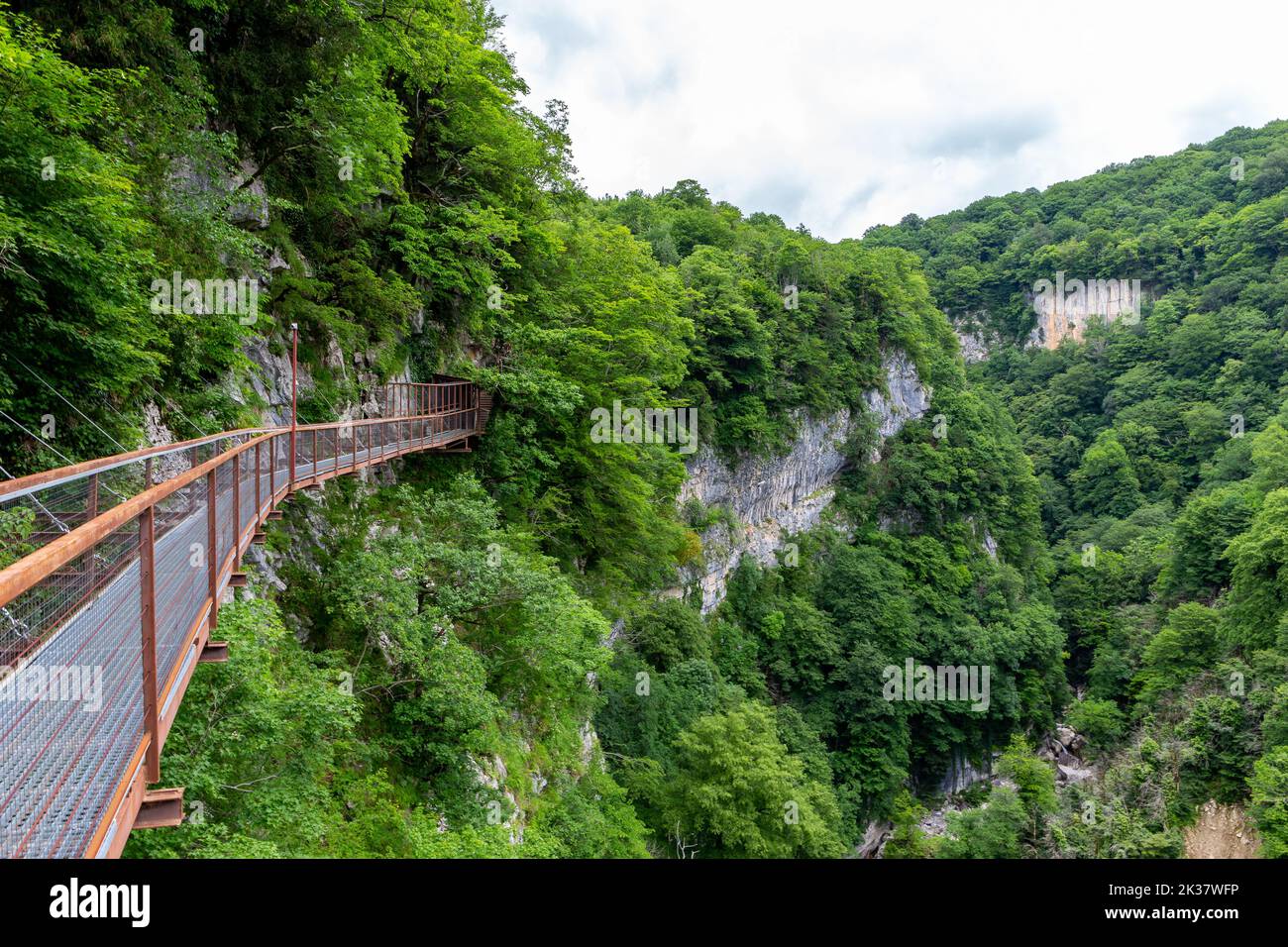 Okatse Canyon in Georgia with hanging metal pedestrian pathway trail above deep precipice, lush vegetation and forests, no people. Stock Photo