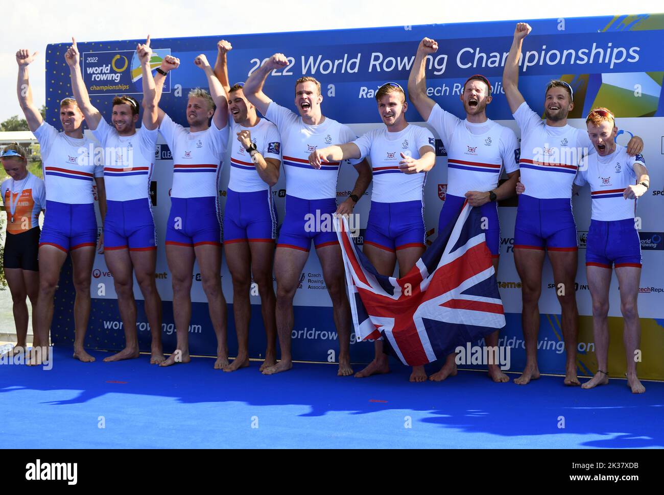 Racice, Czech Republic. 24th Sep, 2022. Winning British eight Rory Gibbs, Morgan Bolding, David Bewicke-copley, Sholto Carnegie, Charles Elwes, Thomas Digby, James Rudkin, Thomas Ford, Harry Brightmore pose with medal after the Men's Eight Final B during Day 8 of the 2022 World Rowing Championships at the Labe Arena Racice on September 25, 2022 in Racice, Czech Republic. Credit: Jan Stastny/CTK Photo/Alamy Live News Stock Photo