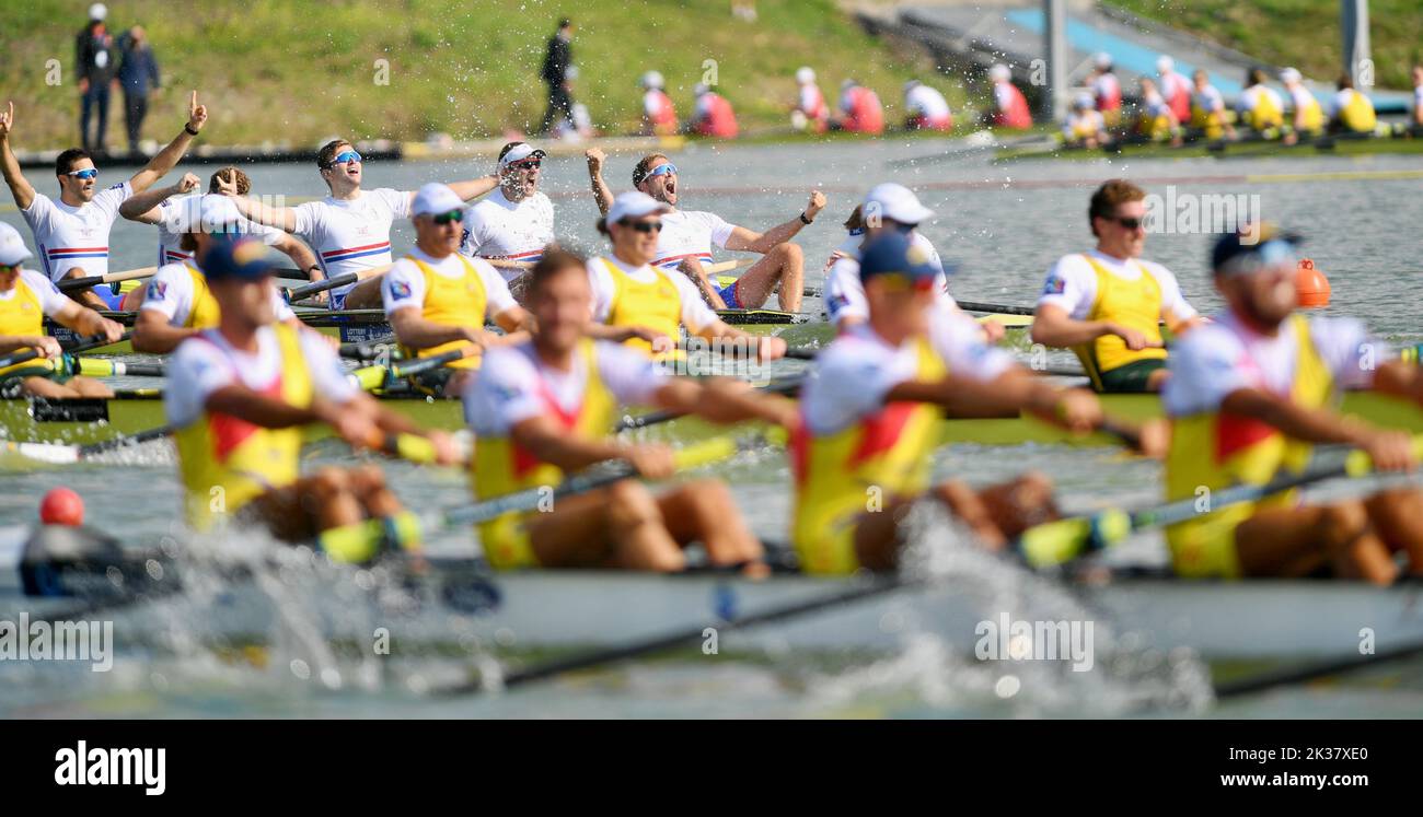 Racice, Czech Republic. 25th Sep, 2022. British eight won the Men's Eight Final B during Day 8 of the 2022 World Rowing Championships at the Labe Arena Racice on September 25, 2022 in Racice, Czech Republic. Credit: Jan Stastny/CTK Photo/Alamy Live News Stock Photo