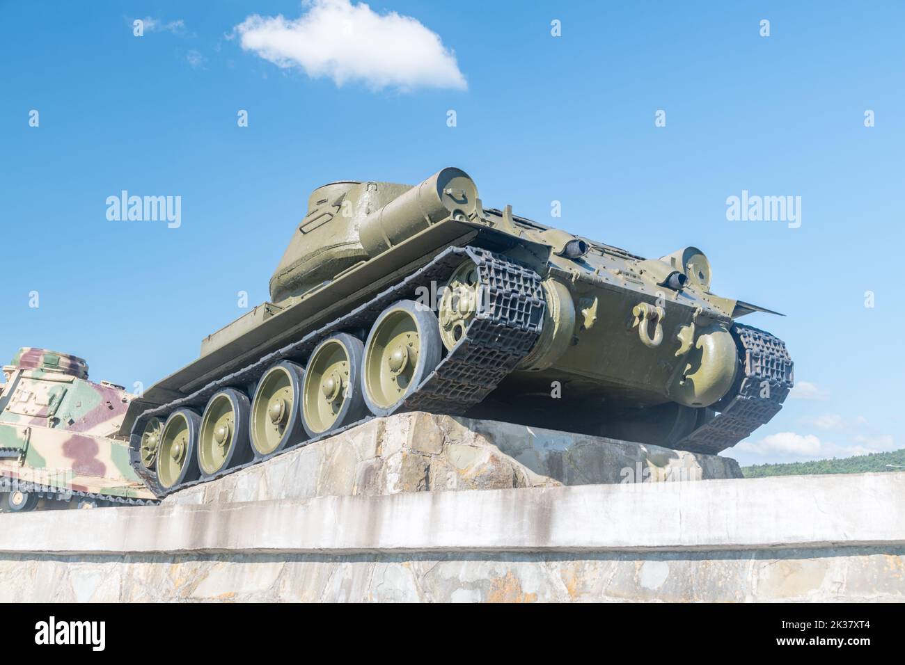 Svidnik, Slovakia - June 12, 2022: Soviet T-34-85 tank on monument to the battle of the Dukla Pass. Stock Photo