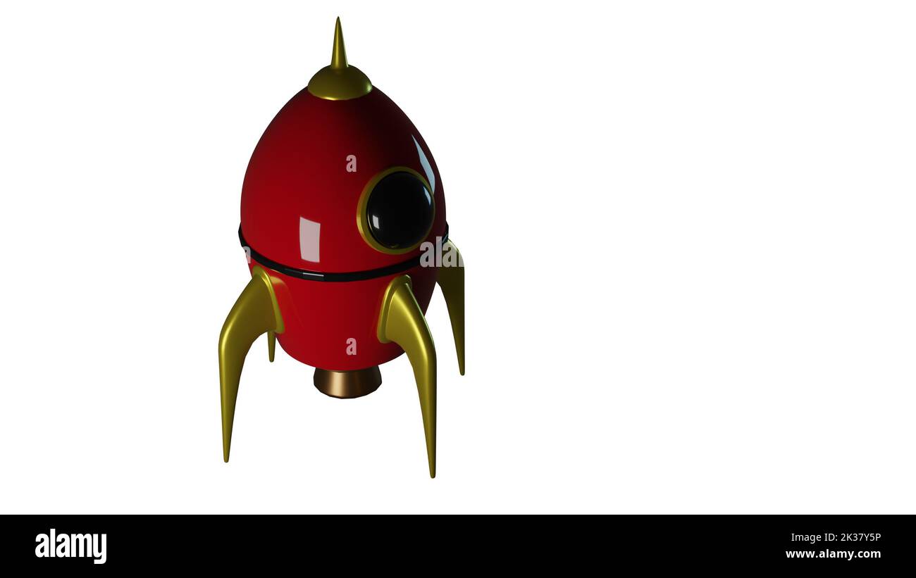 A 3d rendered image of a cartoon style space rocket in red and gold ...